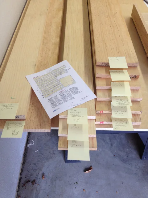 Rough lumber laid out in a workshop, each board
                      tagged with sticky notes and a printed cut list
                      on top.